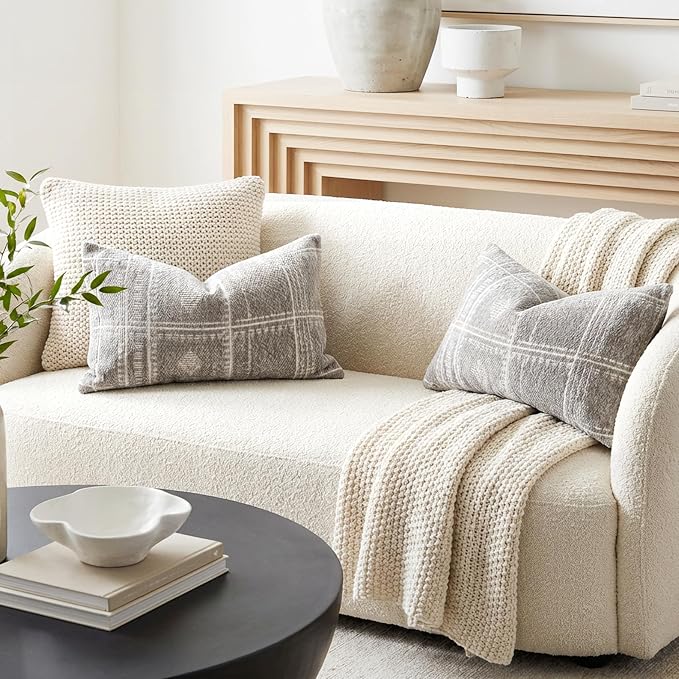 BlissBlush Decorative Lumbar Pillow Covers 12x20 Set of 2, Boho Light Gray Chenille Accent Rectangular Throw Pillow Covers for Couch Sofa Living Room Home Décor (Cover Only)