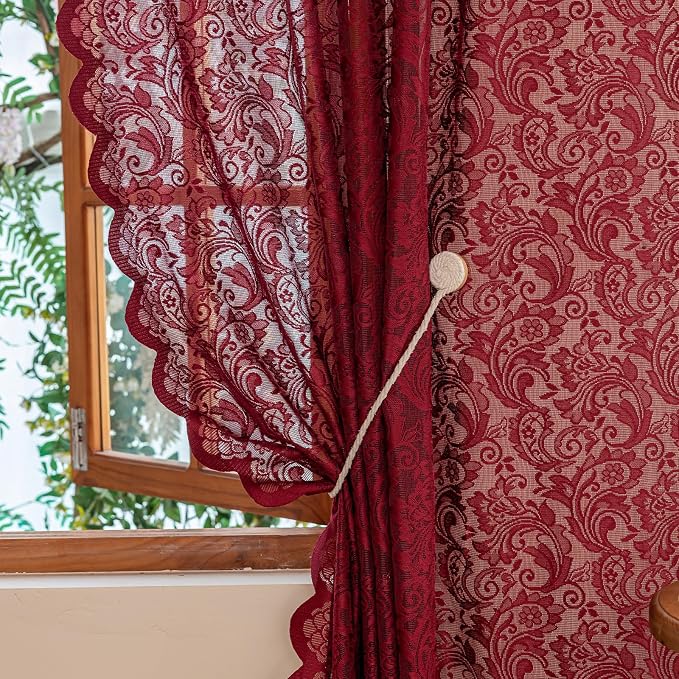 ALIGOGO Maroon Curtains 96 Inches Long, French Country Dark Floral Curtains for Dining Room, Privacy Rod Pocket Light Filtering Soild Color Sheer Wine Red Lace Drapes for Window, 52W x 96 Inch