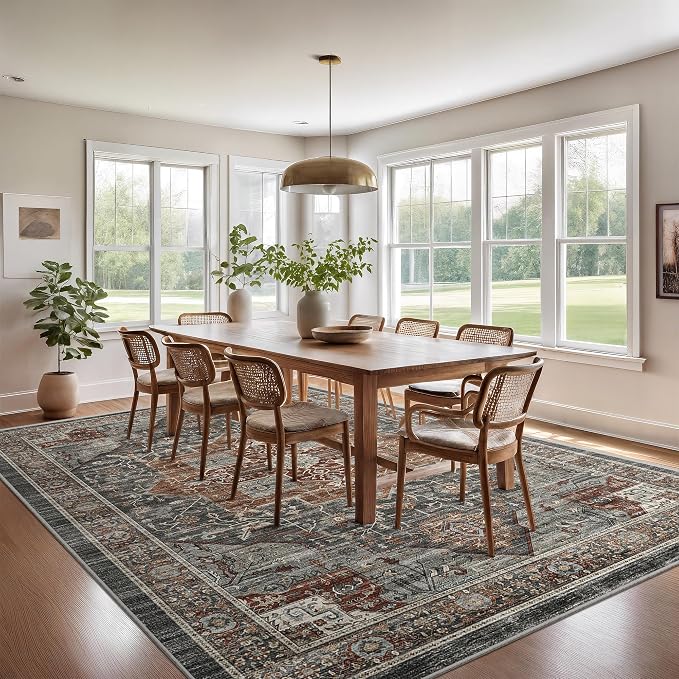 Roxstand 10x14 Area Rugs for Living Room - Large Washable Rug with Non-Slip Backing, Super Soft Vintage Carpet for Bedroom, Ultra-Thin Farmhouse Indoor Area Rug Home Decor (Grey/Brown/Tan, 10'x14')