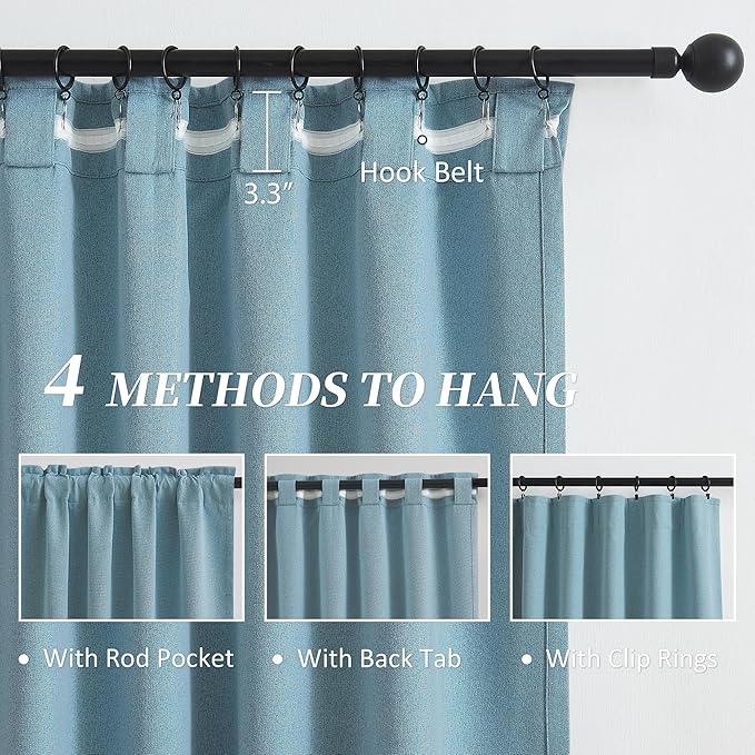 KEQIAOSUOCAI Extra Long 108 Inch Full Blackout Curtains for Large Window, Linen Textured Back Tab Hook Belt Pleated Tall Drapes for Living Room Dining 2 Panels Set, 50 Wide, 9 FT, Dusty Stone Blue
