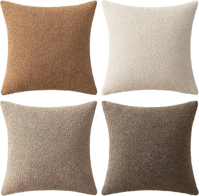 MIULEE Pack of 4 Fall Decorative Textured Boucle Throw Pillow Covers | 22x22 Inch Neutral Brown Accent Euro Sham Pillow Cases Couch Cushion Covers Modern Farmhouse Boho Sofa Bed Room Home Decor