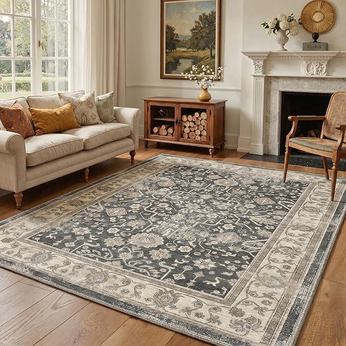 Bavni 2x3 Doormat, Machine Washable Runner Rug Non Slip, Vintage Floral Oriental Floral Rugs for Entrance, Lightweight Low Pile Carpet for Hallways Kitchen and Corridor, Dusty Charcoal