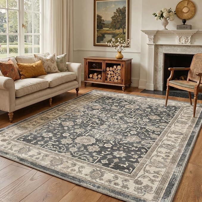Bavni 2x5 Rug Runners for Hallways, Washable Runner Rug Non Slip, Vintage Floral Oriental Floral Rugs for Bedroom, Lightweight Low Pile Carpet for Hallways Bathroom, Dusty Charcoal