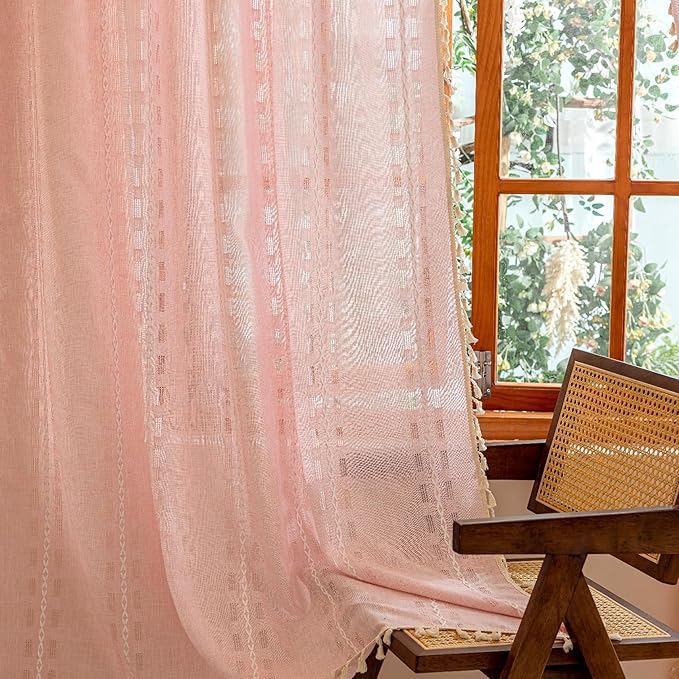 Pink Boho Semi Sheer Curtains 63 inch Length 2 Panel Set for Bedroom & Farmhouse, Bohemian Light Filtering Privacy Drapes Beige Tassels Shabby Chic Embroidery Window Curtains Back Tab & Rod pocket