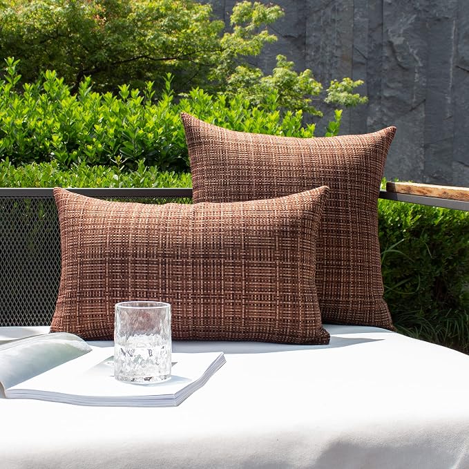 Kevin Textile Pack of 2 Decorative Outdoor Waterproof Throw Pillow Covers Stripe Square Pillowcases Modern Cushion Cases for Patio Couch Bench 18 x 18 Inch Coffee