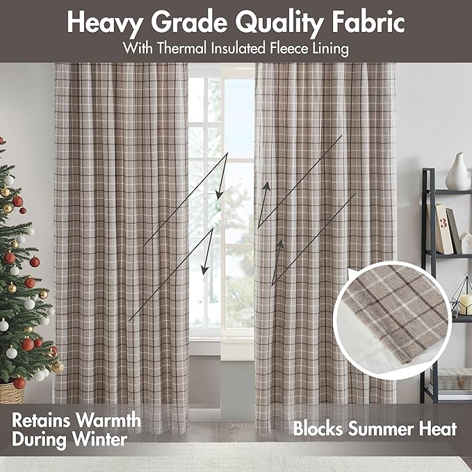 Madison Park Anaheim Cabin Plaid Curtain Window, Thermal Insulated Fleece Lining, Living Room Decor Room Darkening Drape for Bedroom, 1-Single Panel Pack, 50x95, Rod Pocket & Back Tab, Brown