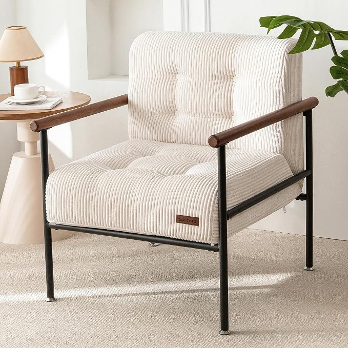 MAXYOYO Living Room Accent Chair, Modern Chair with Metal Frame | Upholstered Reading Chair Modern Living Room Chair with Support Cushion for Bedroom Balcony Porch, Beige