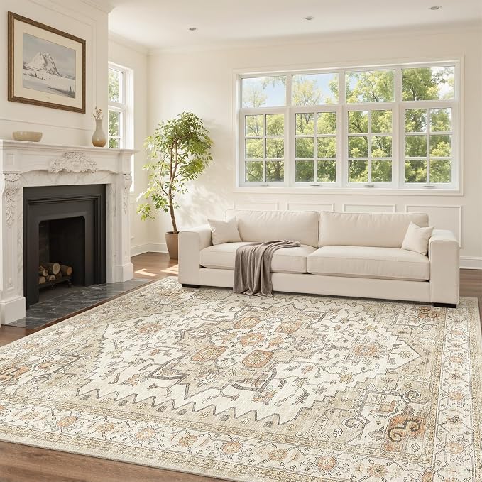 Area Rugs for Living Room - 6x9, Boho Non-Slip Low Pile Carpet Machine Washable Rugs for Bedroom, Farmhouse, Office, Dining Room (Gold)