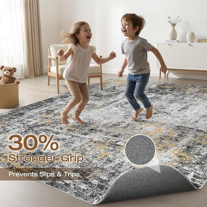 6x9 Area Rugs Living Room: Washable Large Neutral Rug Abstract Soft Modern Stain Resistant Indoor Floor Non-Slip Carpet for Bedroom Nursery Kids Office Playroom Dining Room Under Table- Black Gold