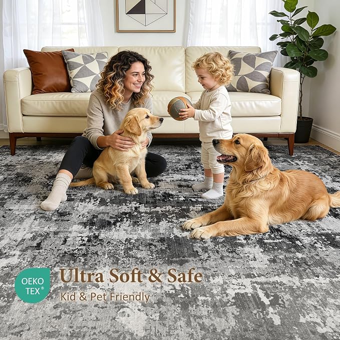 9x12 Area Rug Living Room Rugs: Washable Large Soft Abstract Modern Neutral Rug Stain Resistant & Non-Slip Low-Pile Carpet for Bedroom Dining Nursery Home Office Room Decor - Black