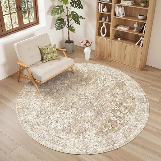Madane Washable Round Rug 5ft for Living Room, Soft Ultra-Thin Non-Slip Vintage Floral Circle Area Rug, 5x5 Round Throw Carpet for Entryway Nursery Bedroom Kitchen Dining Room (Beige/Brown, 5'Round)