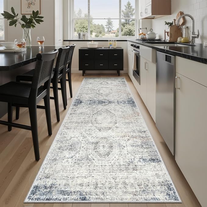Soalmost Washable Runner Rug, 2'6" x 8' Non-Slip Kitchen Vintage Foldable 2.5x8ft Hallway Runners for Entryway, Laundry, Bedroom, Blue Ivory