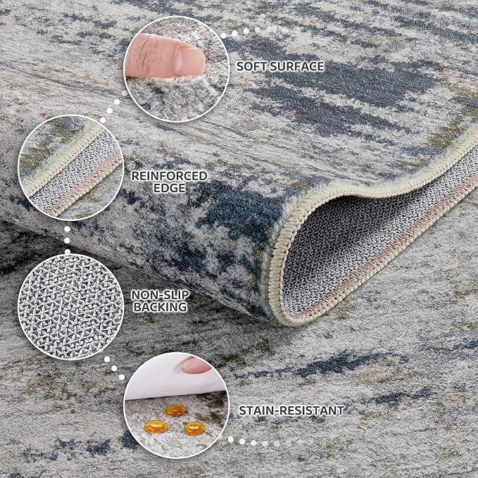 DMOYEST Area Rug Living Room Rugs - 5x7 Washable Large Soft Indoor Neutral Modern Abstract Low Pile Rug Carpet for Bedroom Dining Room Farmhouse Home Office - Blue/Grey/Brown