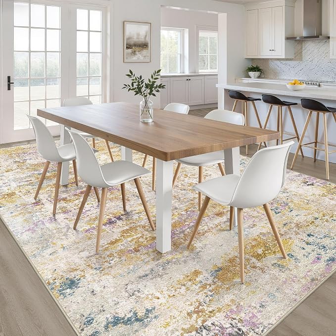 6x9 Area Rugs Living Room: Washable Large Neutral Rug Abstract Soft Modern Stain Resistant Indoor Floor Non-Slip Carpet for Bedroom Nursery Kids Classroom Playroom Dining Room- Gold Multi