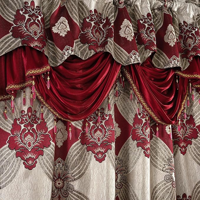 Petrichor Elegant Curtains with Gold Silver Threads 2 Panels Set - Luxury Window Treatment Attached Valance, Sheer Backing, and 2 Tie Backs for Bedroom and Living Room, 54x84 inches, Burgundy