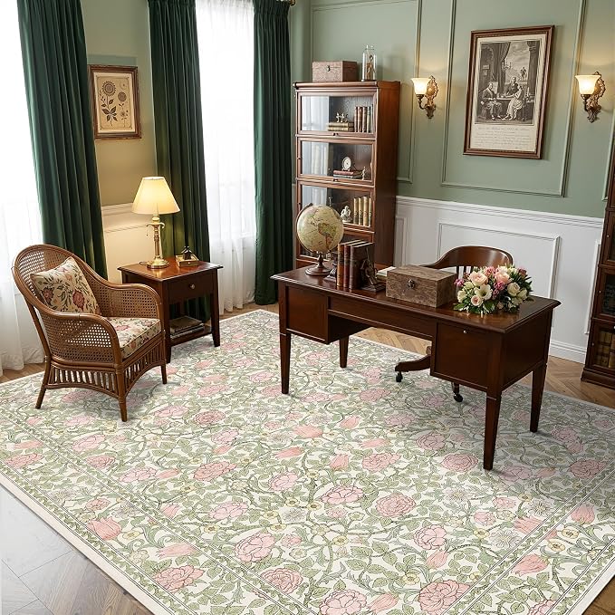 GarveeHome Pink and Green Vintage Floral Washable Rugs 6x9 for Living Room Boho Retro Botanical Rug Low Pile Stain Resistance Non Slip Carpet for Bedroom Nursery Dining Room
