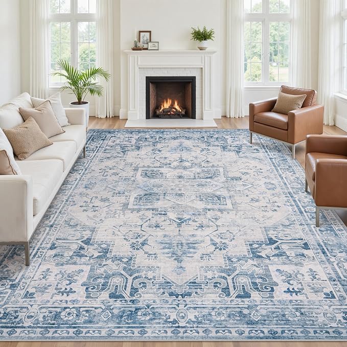 8x10 Area Rugs for Living Room:Blue Washable Vintage Medallion Boho Rug Non-Slip No Slip Stain Resistant Soft Low Pile Large Rugs Indoor Retro Carpet for Bedroom Nursery Dining (Blue Grey 8'x10')