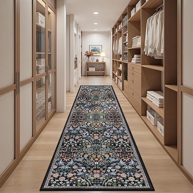 Runner Rug for Entryway: 2.6x10 Kitchen Rugs Non Slip Washable Ultra-Thin Soft Floral Carpet Indoor Floor Stain Resistant Carpets for Hallway Bedroom Kitchen Laundry Bathroom Dorm Dark Black