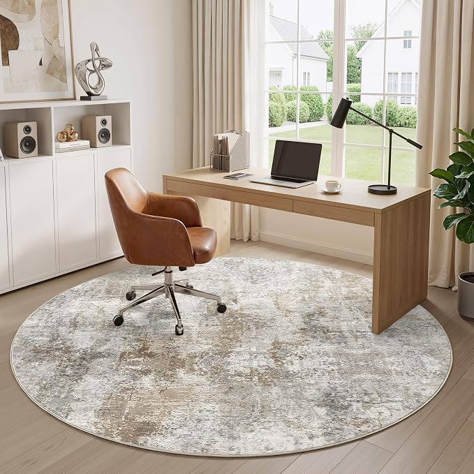 WITSHOCK Area Rugs 6ft Round Living Room Rug - Washable Neutral Soft Low Pile Non-Slip Modern Abstract Thin Large Indoor Carpet for Bedroom Dining Room Nursery Office - Light Brown Grey