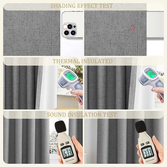 Jowels Dark Grey Linen Blackout Curtains 96 Length 2 Panels Set for Living Room Bedroom, 100% Black Out Thermal Insulated Linen Drapes, Room Darkening Grommet Curtains 96 Inches Long Dark Grey