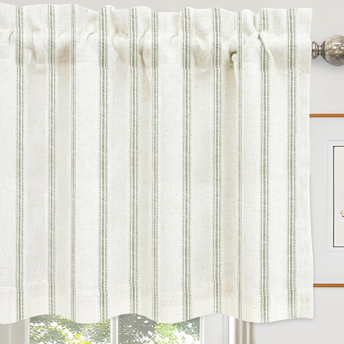 DriftAway Farmhouse Linen Lined Valance Double Layer Thermal Insulated Room Darkening Blackout Window Valances 3 Inch Rod Pocket Vertical Striped Kitchen Valance Single 52 Inch by 24 Inch Loden Green