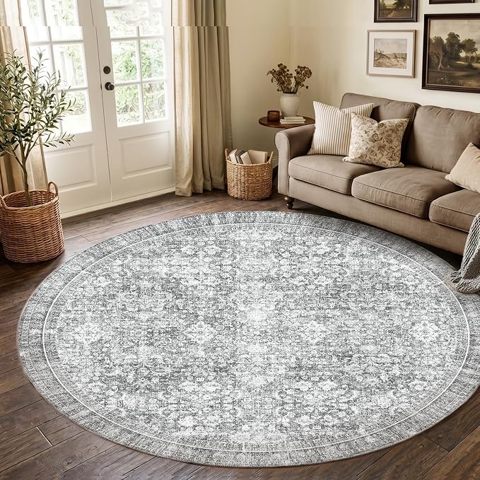 Sasttie Round Rugs 8ft, Ultra-Soft Washable Circle Rug, Low Pile Foldable Thin rugs with Non-Slip Backing, Skin-Friendly Stain Resistant Carpet for Living Room, Bedroom, Kitchen, Dorm, 8ft, Light Grey