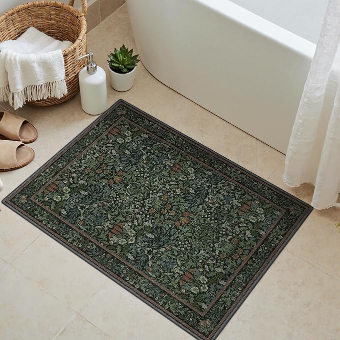 GENIMO 2x3 Washable Kitchen Rug, Non Slip Indoor Door Mat, Dark Green | Vintage Boho Floral Low Pile Entryway Mat for Bathroom, Front Door and Laundry Room