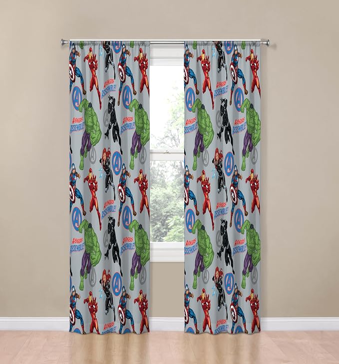 Jay Franco Window Curtains for Kids Bedroom 4-Piece Drape Set with 2 Tiebacks, Grey - Avengers, 42" W x 84" L (Pack of 2)