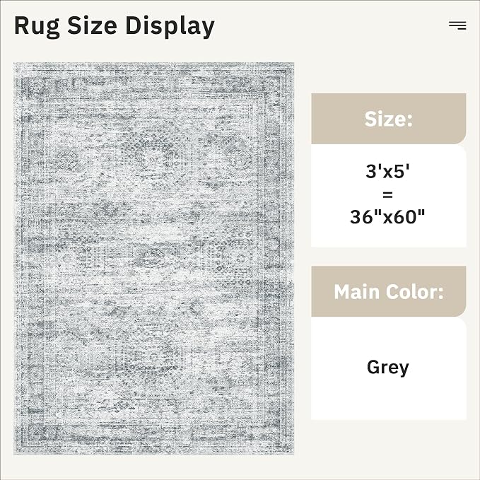 Soalmost 3x5 Rug, Small Area for Kitchen, Entryway, Machine Washable Non-Slip Throw Rug, Vintage Carpet for Nursery Coffee Table Grey