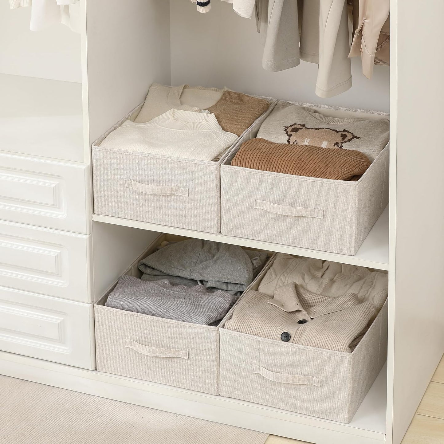 Linen Folding Storage Bins, 3 Pack Large Storage Baskets, Washable, Clothing Storage Bins with Handle, Closet Organizer for Storage Sweater,Sheets(Beige, 18½"x13½"x8½")