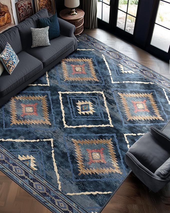 BESTSWEETIE Area Rug 9x12 Rug Machine Washable Non-Slip Low Pile Print Pattern Western Rug for Living Room Bedroom Entryway Tribal Series -Darkblue