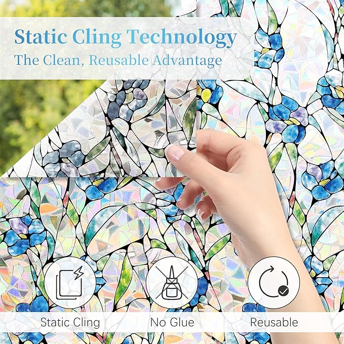 Finnez Window Privacy Film 3D Static Cling Window Film with Rainbow Effect, No Glue Heat Control & 99% UV Blocking for Home Office, Decorative Glass Cover 17.5" x 6.5'