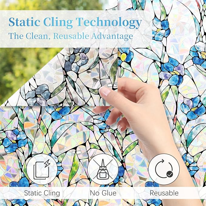Finnez Window Privacy Film 3D Static Cling Window Film with Rainbow Effect, No Glue Heat Control & 99% UV Blocking for Home Office, Decorative Glass Cover 35.4" x 6.5'