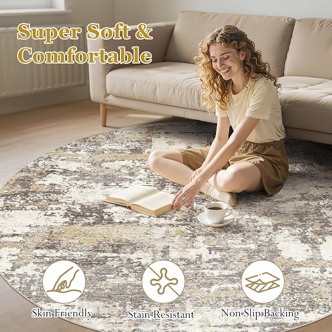 8ft Round Area Rugs for Living Room: 8x8 Abstract Washable Rug Modern Large Soft Stain Resistant Non-Slip Backing Machine Table for Bedroom Dining Room Indoor Home Office Carpet - Gold Brown