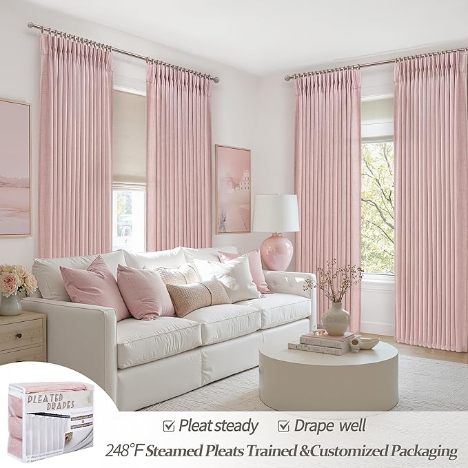 Light Pink Pinch Pleated Curtains 90 Inches Long for Girls Bedroom 2 Panels Set, Cute Linen Blend Semi Sheer Memory Trained Pleat Cortinas Rosadas Track System Window Drapes Decor 40 x 90 Inch Length