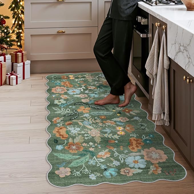 Hallway 3x6 Washable Runner Rug - Indoor Floral Scalloped Kitchen Entryway Low Pile Carpet Soft Non Slip Floor Mat for Bathroom Living Room Bedroom Elegant Home Decor(3x6 Floral/Green)