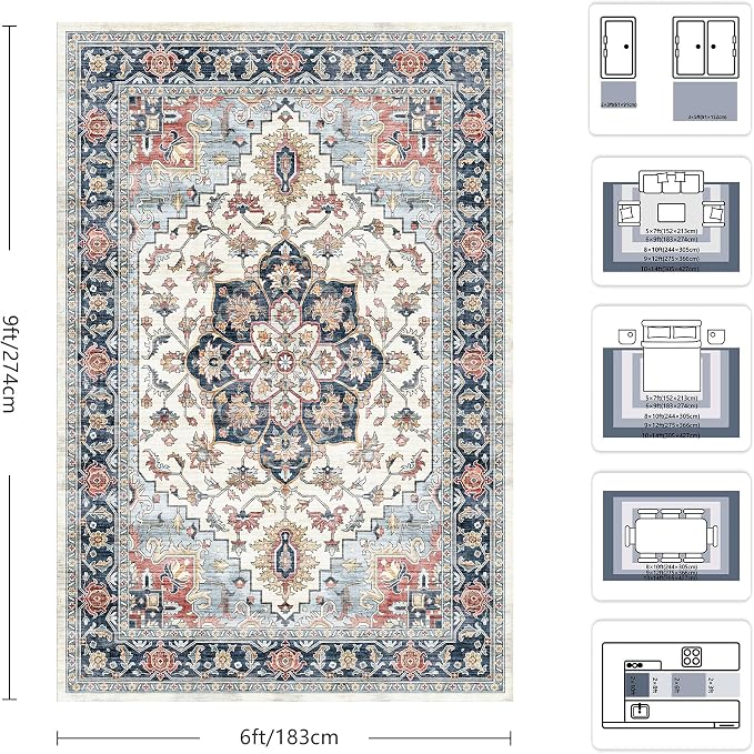 6x9 Area Rugs - Washable Rug Vintage Distress Boho Medallion Rugs for Living Room, Soft Non-Slip Backing Low Pile Carpet for Bedroom Dining Room Office Nursery Dorm Home, Blue Beige Orange