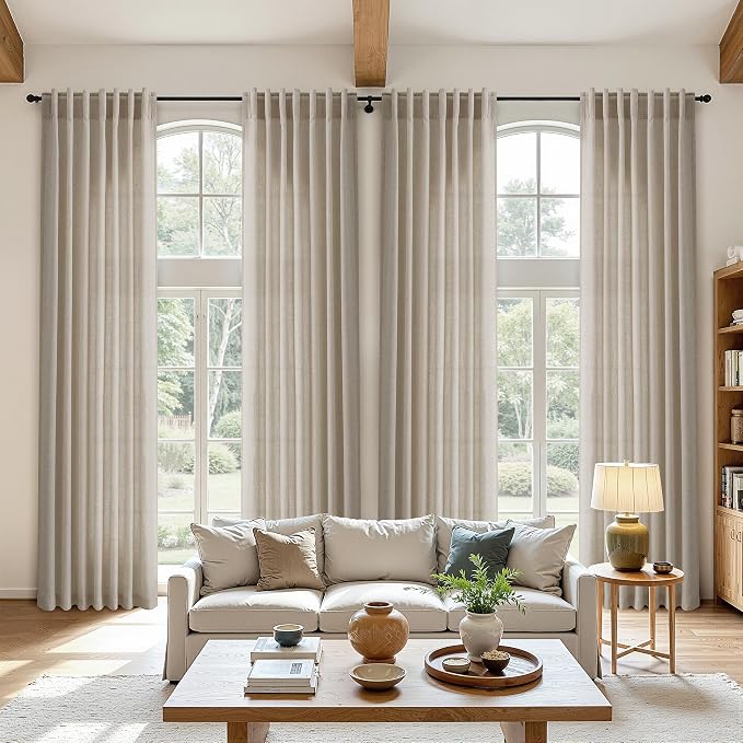 Aersas Cobblestone Linen Curtains 96 Inches Length for Living Room Flax Texture Wave Fabric Semi Sheer with Rod Pocket Back Tab for Bedroom Balcony Light Filtering Neutral Home Decor 52x96