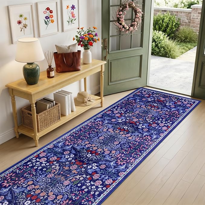 Runner Rug for Entryway: 2.6x14 Kitchen Rugs Non Slip Washable Ultra-Thin Soft Floral Carpet Indoor Floor Stain Resistant Carpets for Hallway Bedroom Kitchen Laundry Bathroom Dorm Blue