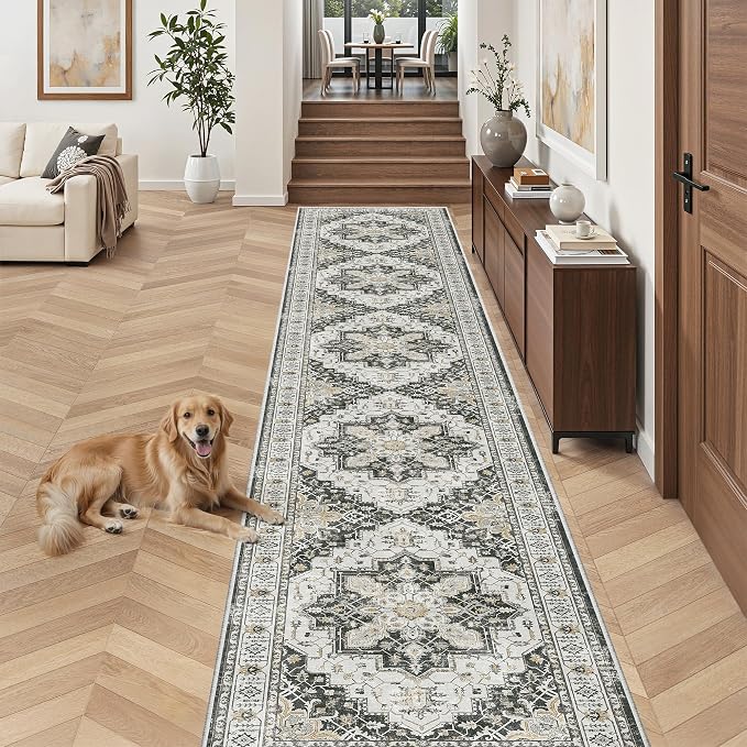 Madane Hallway Runner Rug 2'6''x14' Kitchen Runners Vintage, Black | Long Non-Slip Washable Rugs 14ft for Entryway Laundry and Bedroom, Stain-Resistant Low-Pile 2.5x14 Ft Floor Carpet