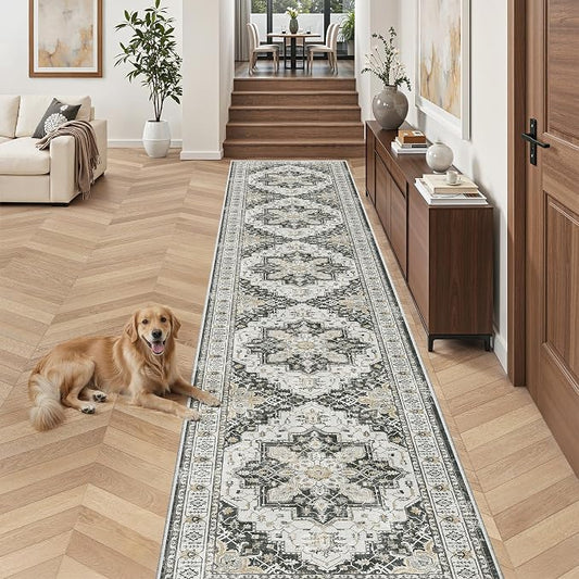 Madane Hallway Runner Rug 2'6''x16' Kitchen Runners Vintage, Black | Long Non-Slip Washable Rugs 16ft for Entryway Laundry and Bedroom, Stain-Resistant Low-Pile 2.5x16 Ft Floor Carpet