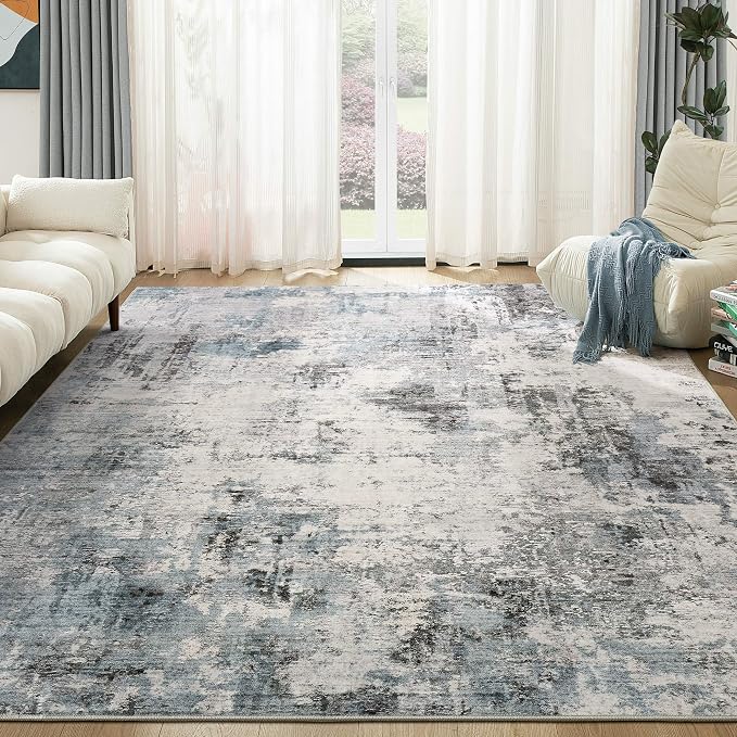 Abstract 6x9 Area Rug: Machine Washable Non Slip Ultra Thin Low-Pile Carpet, Soft Stain Resistant for Living Room Bedroom Nursery, Kid Pet Friendly, Robot Vacuum Compatible - Grey Blue