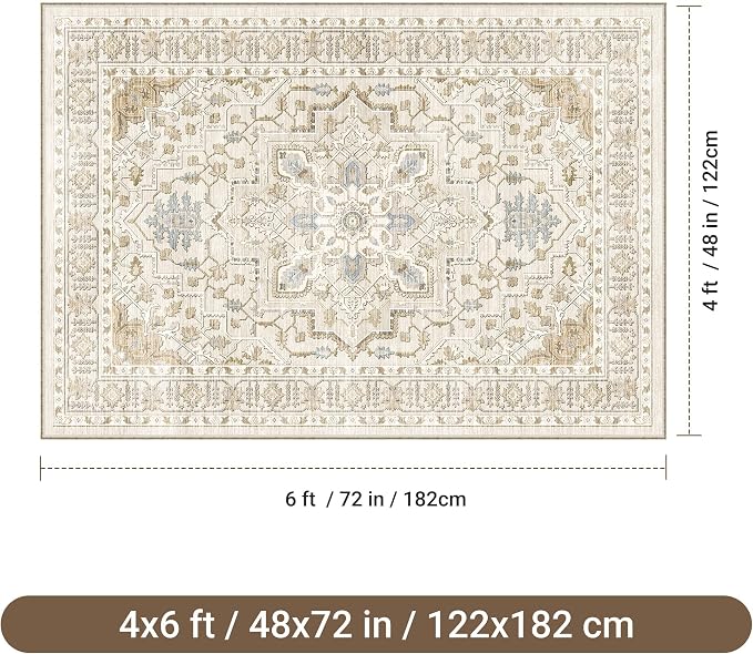 Area Rugs for Living Room - 4x6, Boho Non-Slip Low Pile Carpet Machine Washable Rugs for Bedroom Office, Dining Room (Beige)