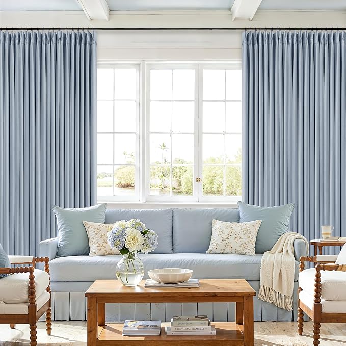 Blue 96 Inch Blackout Pinch Pleated Curtains 2 Panel Set for Living Room Darkening Thick Linen Textured 100% Black Out Drapes 96 Inches Long Pinch Pleat Light Blocking Bedroom Dusty Sky Ice Blue