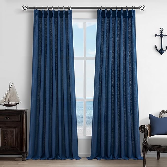 Navy Extra Long Light Filtering Sheer Curtains 108 Inches Long for Living Room 2 Panels with Ceiling Track, Textured Linen Pleated Curtains & Drapes 108 Inch Length Dinning Room Lush Decor Dark Blue