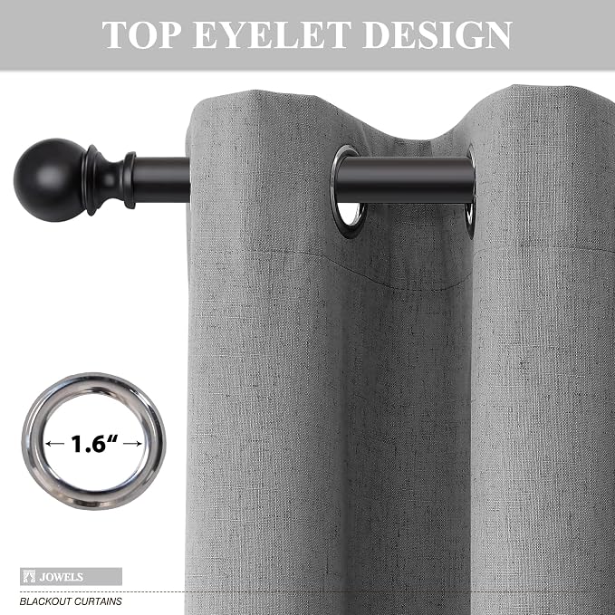 Jowels Dark Grey Linen Blackout Curtains 102 Length 2 Panels Set for Living Room Bedroom, 100% Black Out Thermal Insulated Linen Drapes, Room Darkening Grommet Curtains 102 Inches Long Dark Grey