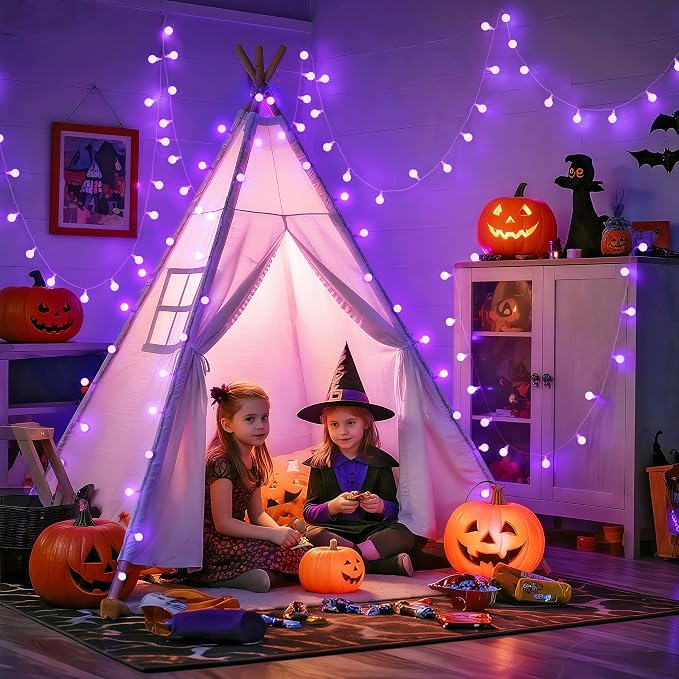 JMEXSUSS Connectable 100 LED Globe Purple Halloween Lights Indoor 8 Modes | 33 ft Halloween String Lights Plug in with Remote, Purple Christmas Lights Outdoor for Bedroom Room Party Christmas Decor