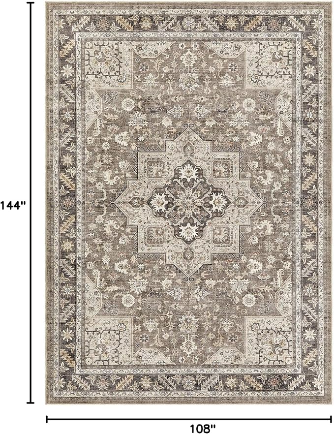 Vintage Living Room Area Rug 9x12 - Large Soft Washable Oriental Traditional Distressed Farmhouse Rugs for Bedroom - Indoor Floor Accent Carpet for Home Office House Decor - Brown