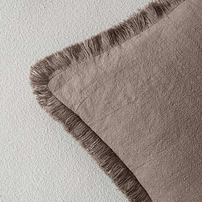 MIULEE Decorative Throw Pillow Covers Neutral Linen Fringe Throw Pillows Euro Shams Set of 2 Malt Ball Boho Farmhouse Cushion Covers for Couch Sofa Bed Living Room Fall Home Decor 24x24 Inch