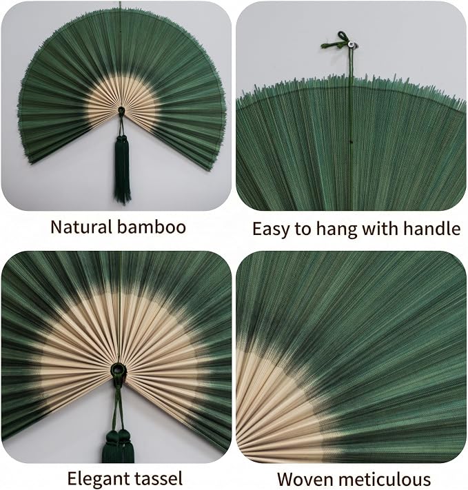 SUCHUBU Green Teal Ombre Wall Fan, 40" Handwoven Bamboo Decor, Large Japanese Hanging Fan, Botanical Asian Wall Art, Modern Boho Living Room Accent (Green Teal Ombre, Medium)